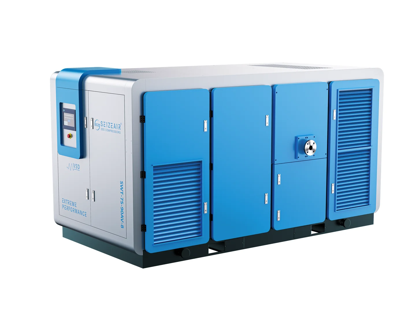 Oil-free air compressor unit with blue cabinet panels, air intake louvers and control panel