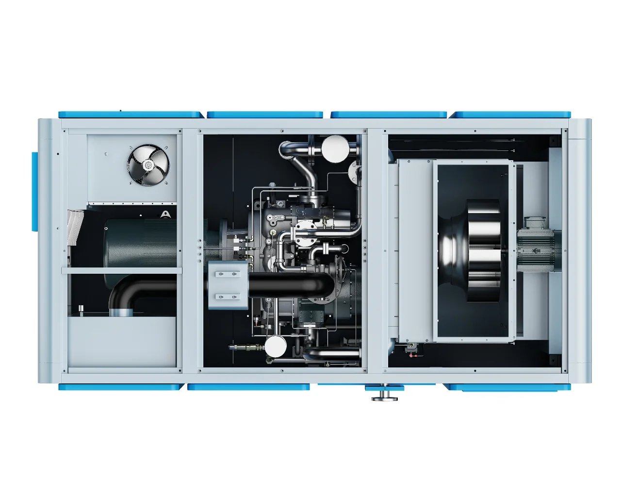 Internal view of an oil-free air compressor showing airend, piping and cooling fans