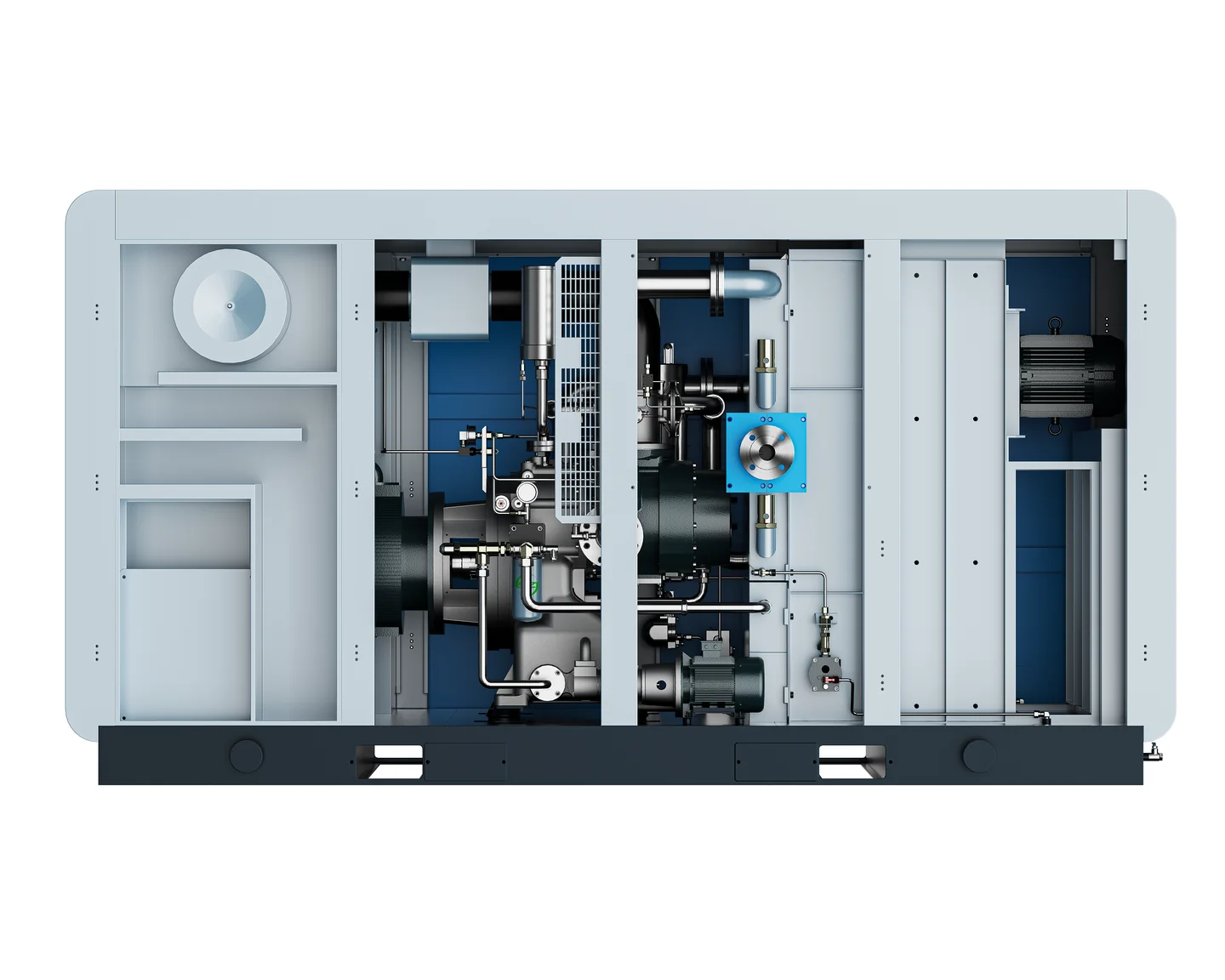 Cutaway view of an oil-free air compressor showing internal airend, piping and cooling components