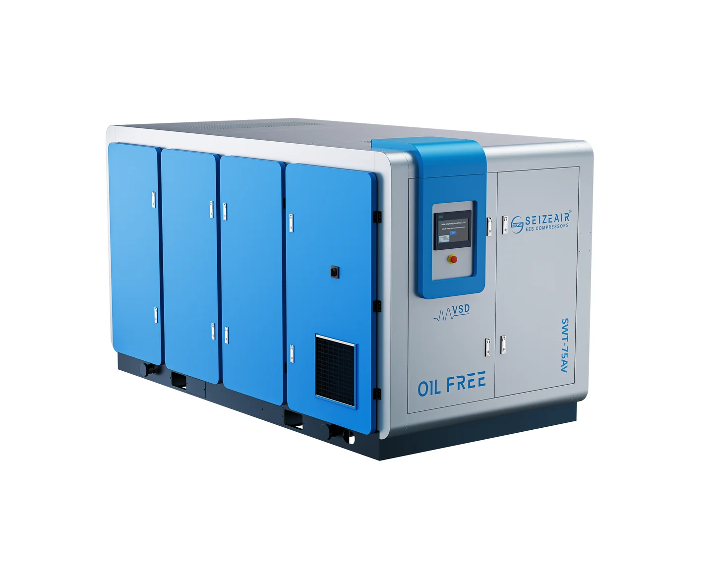 Seize Air oil-free screw air compressor with blue enclosure and VSD control panel